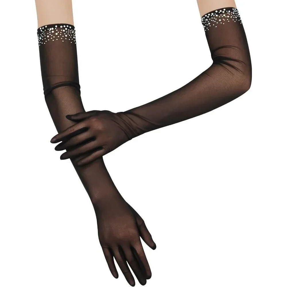 Women's Sexy Pearl Dark Red Beaded Long Gloves Tulle Mesh Wedding Party Prom - Picture 3 of 7